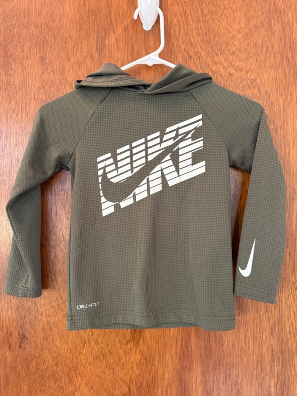 Nike Olive Green Dri-FIT Kids' Hooded Long Sleeve Top with White Logo